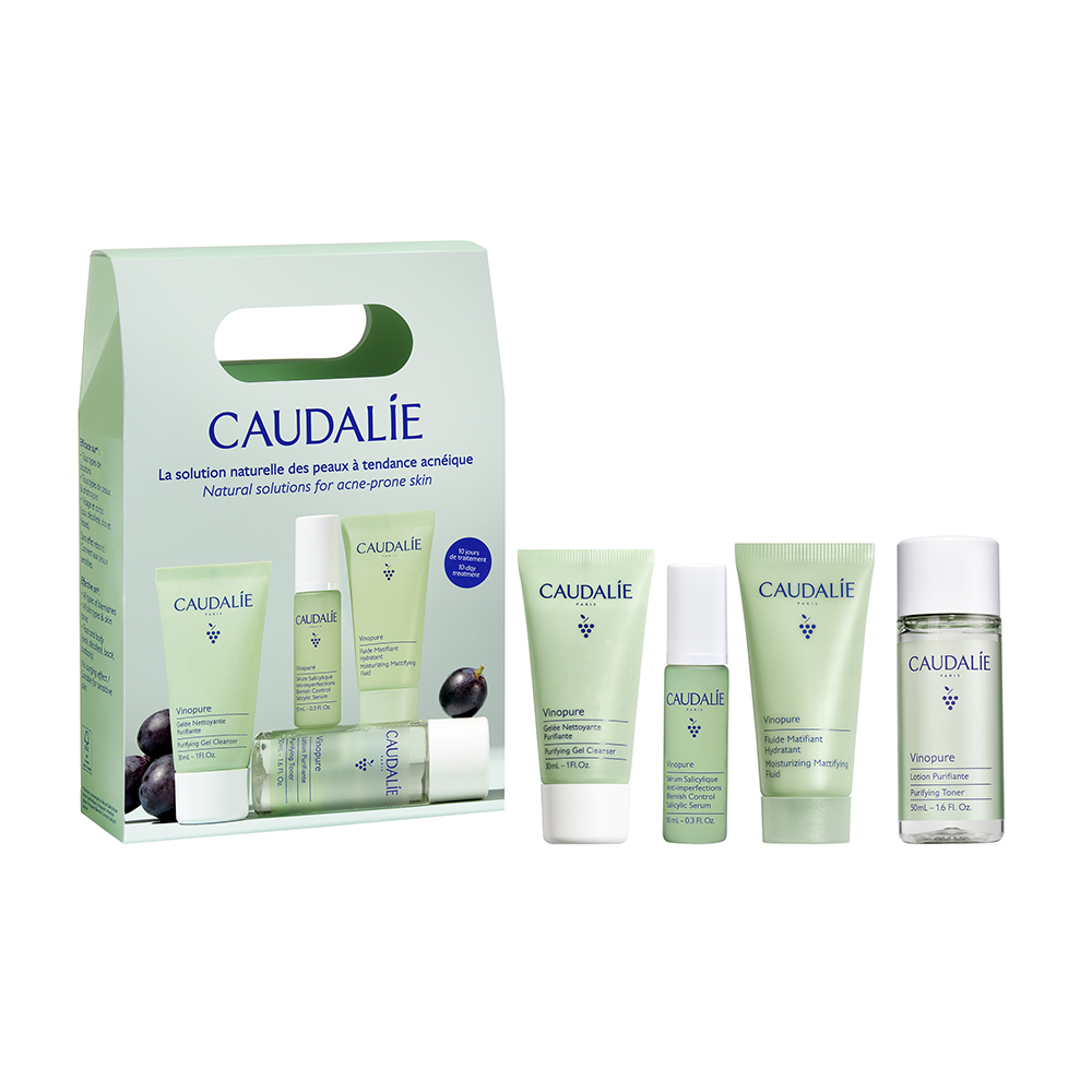 CAUDALIE - PROMO PACK VINOPURE Gelee Nettoyante Purifiante-30ml, Lotion Purifiante-50ml, Serum Salicylique - 10ml & Fluide - 15ml